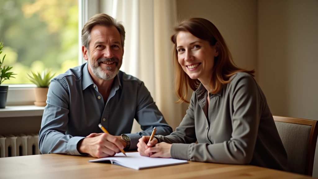 Ehepaar sitzt am Tisch mit Notizbuch und Stift und diskutiert finanzielle Pläne