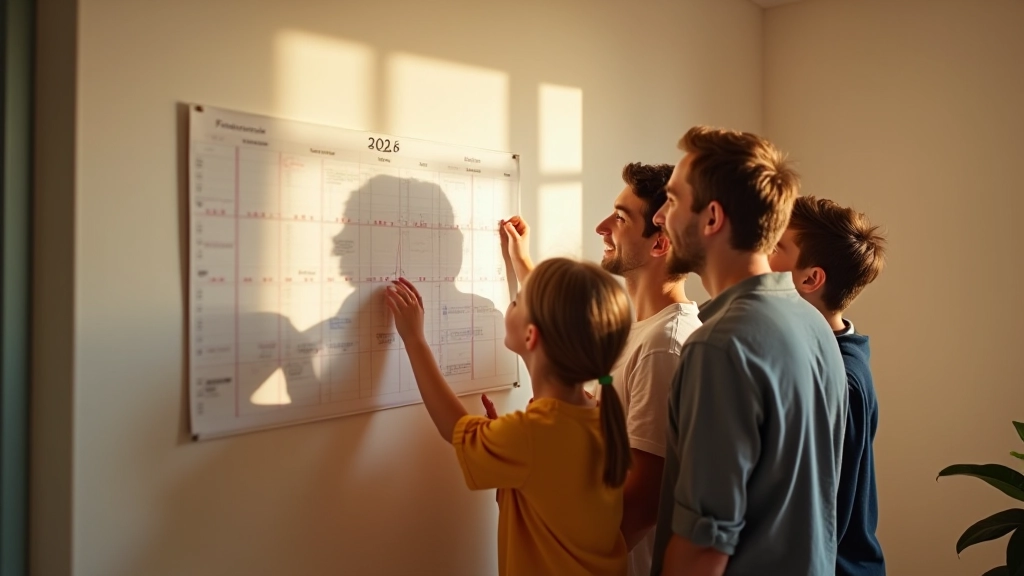Familie schaut gemeinsam auf Kalender und plant Finanztermine und Überprüfungen