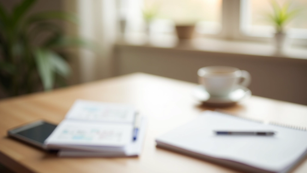 Moderner skandinavischer Arbeitsbereich mit Finanzplanung und Notizblöcken in minimalistischem Design
