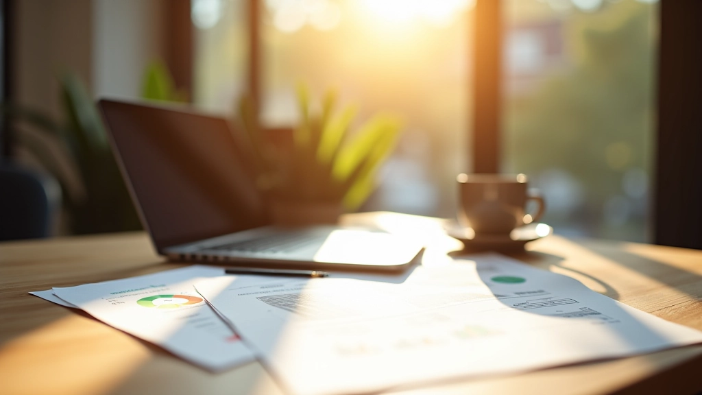 Moderner Arbeitsplatz mit Laptop und Finanzunterlagen, helles natürliches Licht, sauberes Design